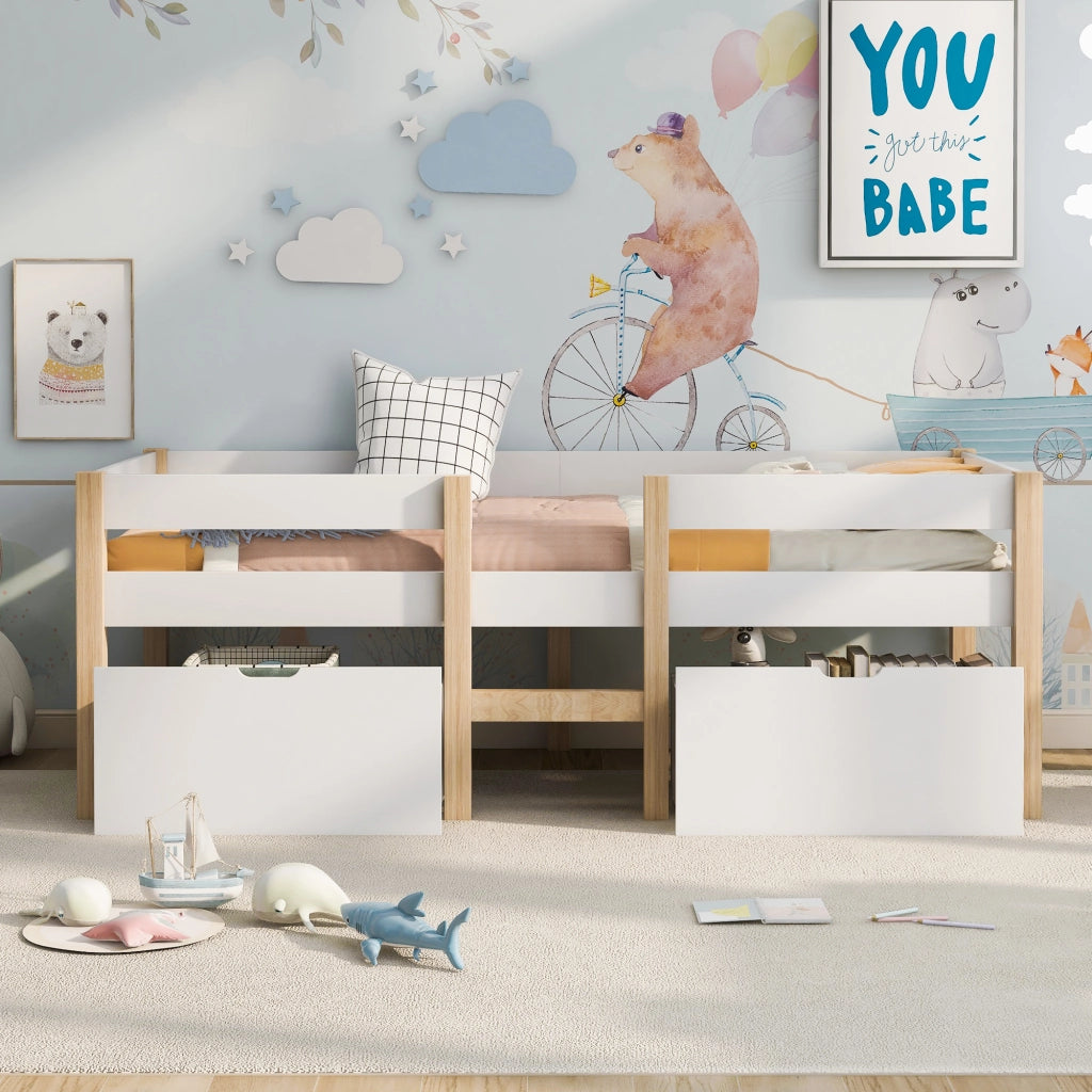 Letto con cassetti 90 × 190 cm semialto con scala e barriera anticaduta in legno bianco con rete a doghe