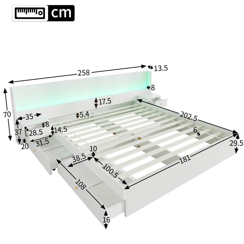 Letto matrimoniale 180 × 200 cm con LED; prese e USB; due comodini e cassetti; in MDF bianco; senza materasso