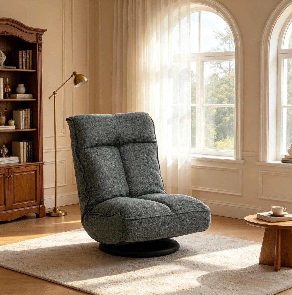Poltrona da pavimento girevole grigia in lino, schienale reclinabile a 5 posizioni