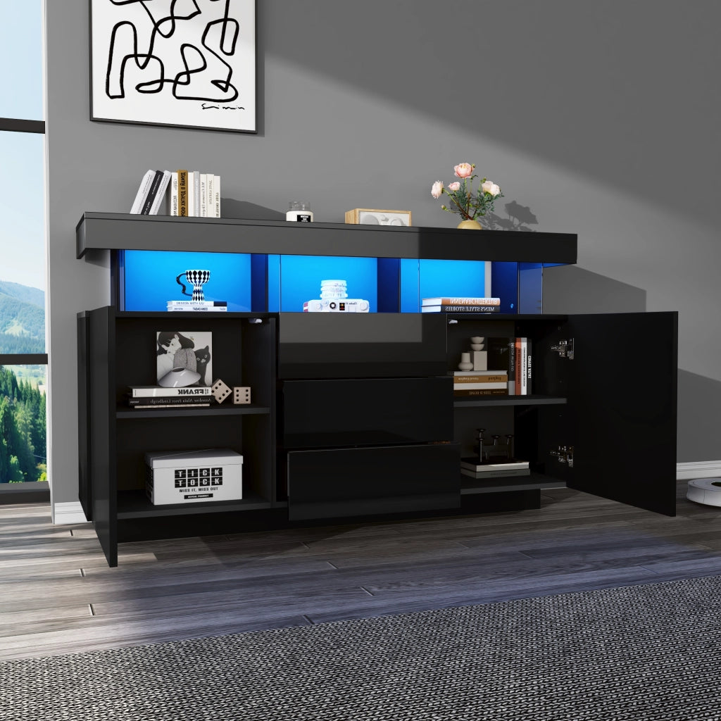 Credenza con LED e 3 cassetti ante scorrevoli in truciolare e acrilico nero 140 × 35 × 80 cm