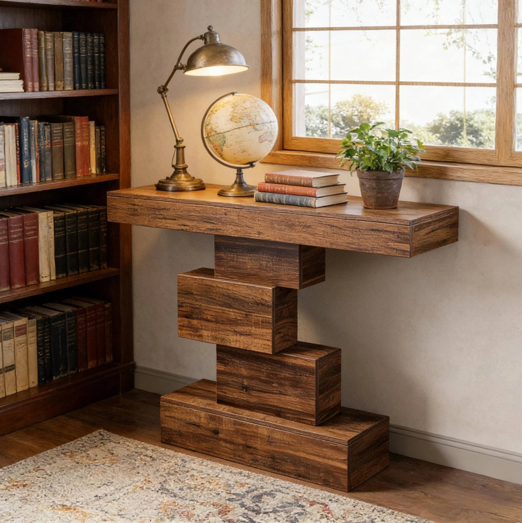 Tavolo consolle moderno con base geometrica in legno 108x30x80 cm, colore marrone rustico