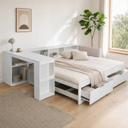 Letto extensible180 x 200 cm con scrivania integrata, cassetti e ripiani, divano letto in legno bianco con testiera imbottita