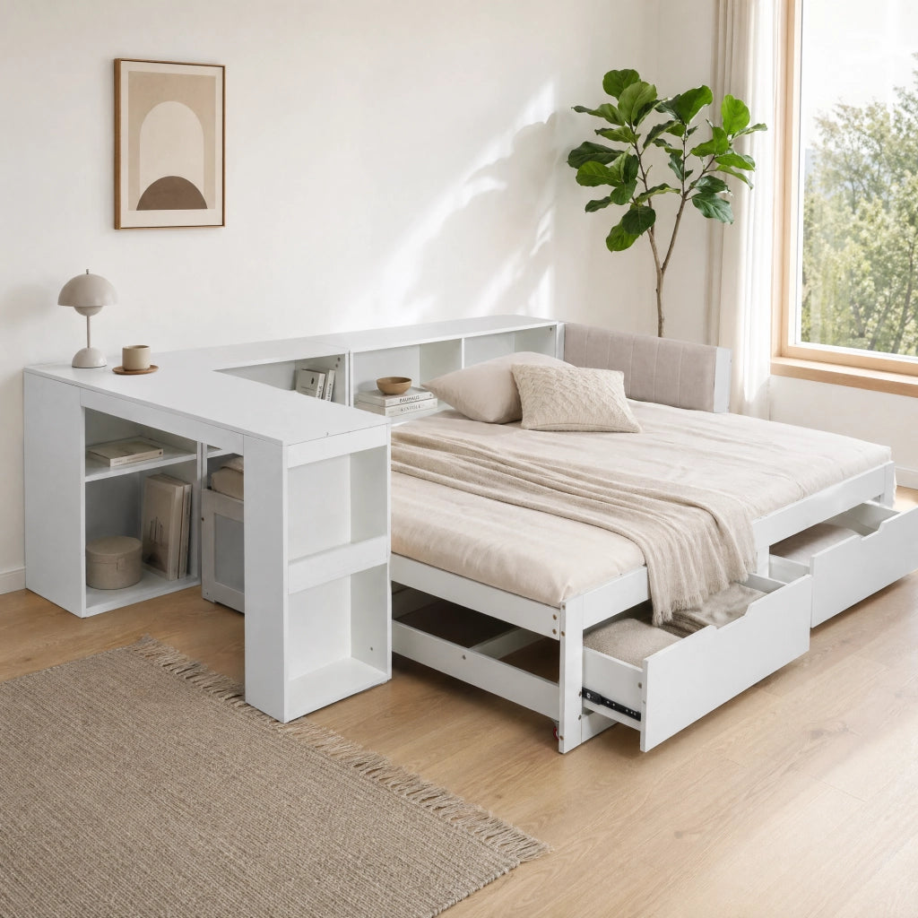 Letto extensible180 x 200 cm con scrivania integrata, cassetti e ripiani, divano letto in legno bianco con testiera imbottita