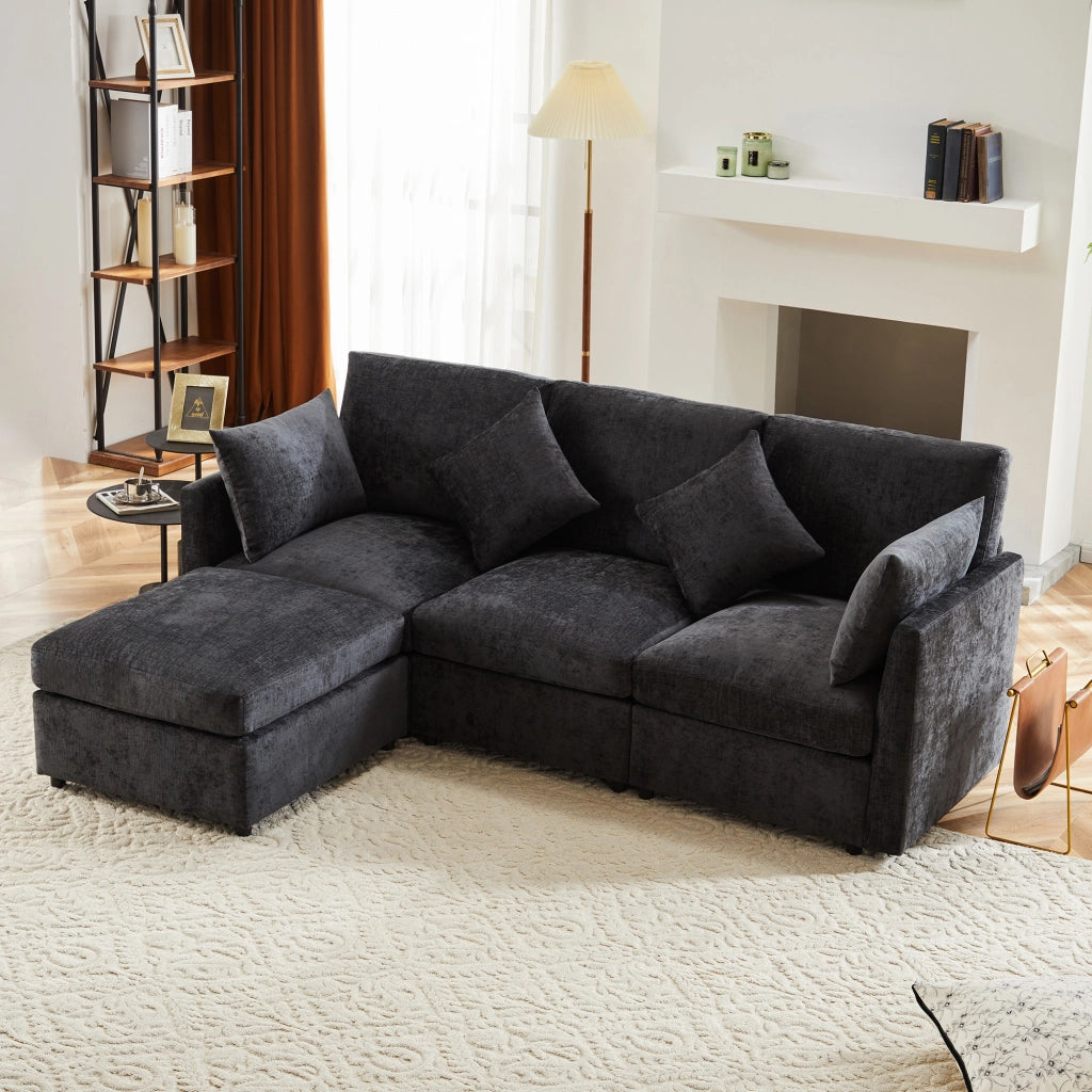 Divano modulare 3-4 posti 216x161 cm con pouf mobile e 4 cuscini in ciniglia grigio