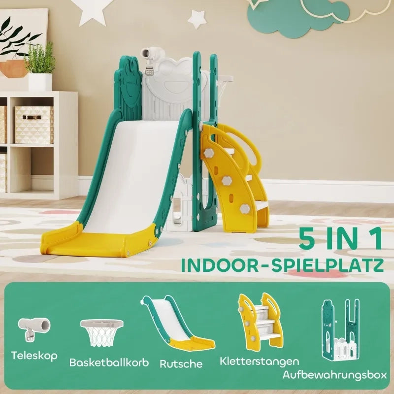 Set scivolo per bambini 5-in-1 con canestro da basket, struttura telescopica in plastica, giallo e verde