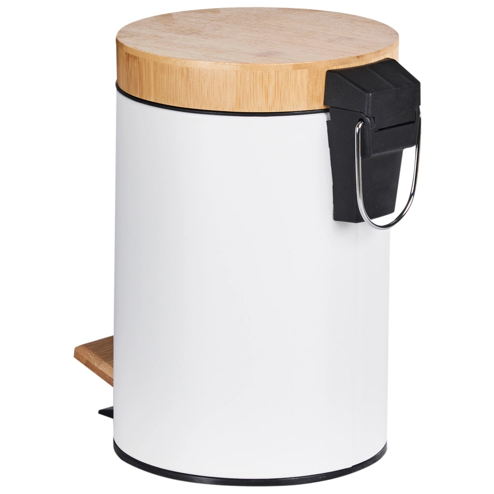 Set moderno di 2 cestini per rifiuti con pedale e coperchio per la cucina Ferro riciclabile verniciato a polvere Legno di bambù Materiale sintetico a prova di impronte digitali bianco