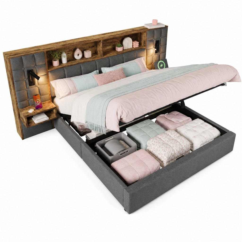 Letto matrimoniale 160x200 cm con contenitore, lampade da lettura, USB e Type-C, grigio