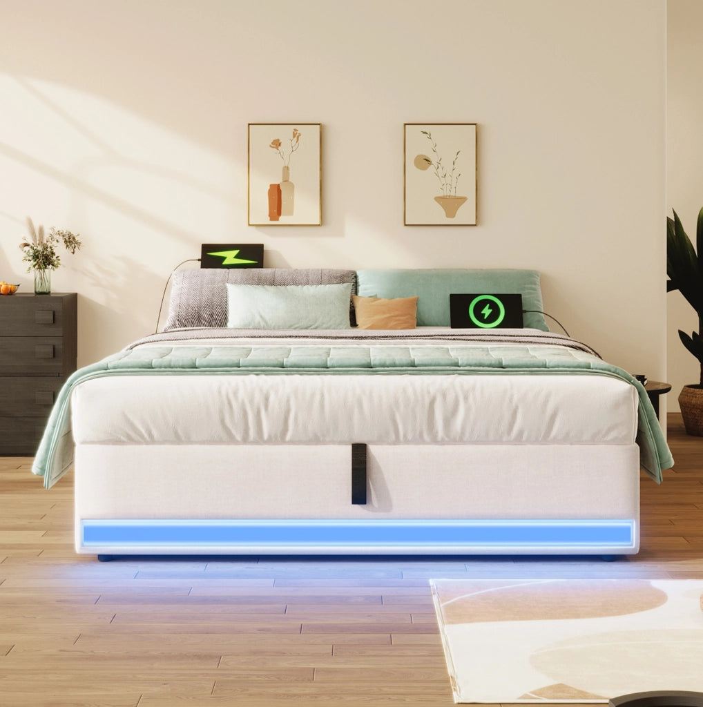 Letto imbottito 140x200 cm senza testiera con LED, USB e Type-C, contenitore idraulico, beige