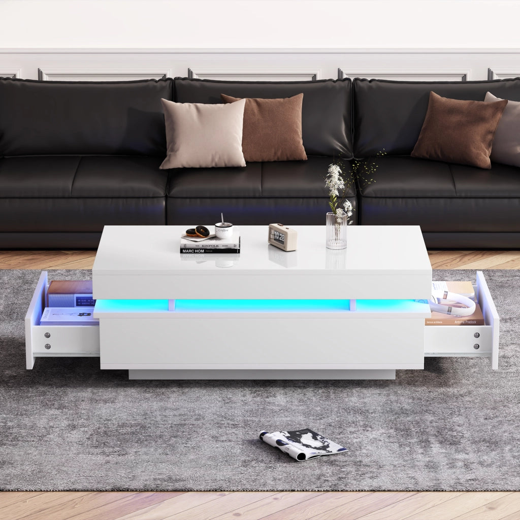 Tavolino da caffè LED con 2 cassetti e vani contenitore, superficie lucida, per soggiorno, 100 × 50 × 35 cm