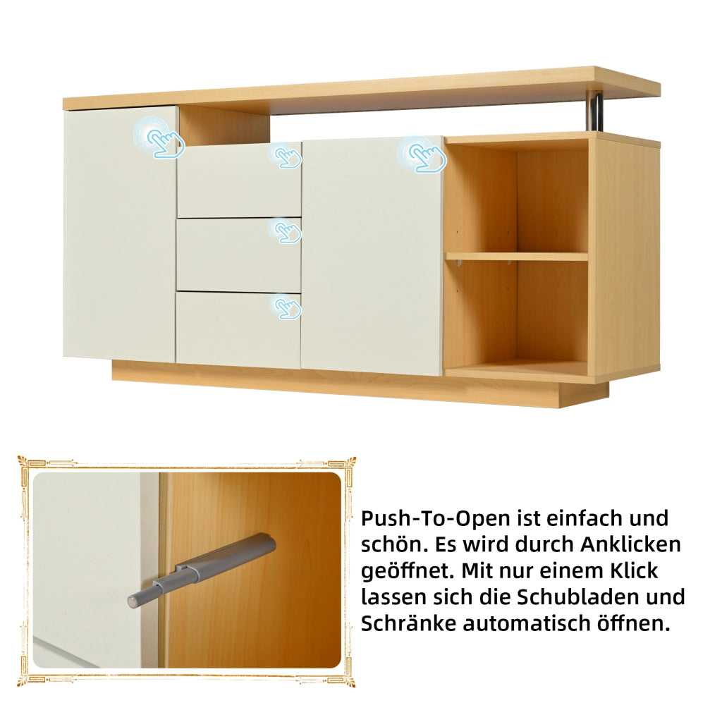 Credenza e madia LED con 2 ante, 3 cassetti e 2 nicchie in truciolare bianco e rovere chiaro, 140 × 40 × 70 cm