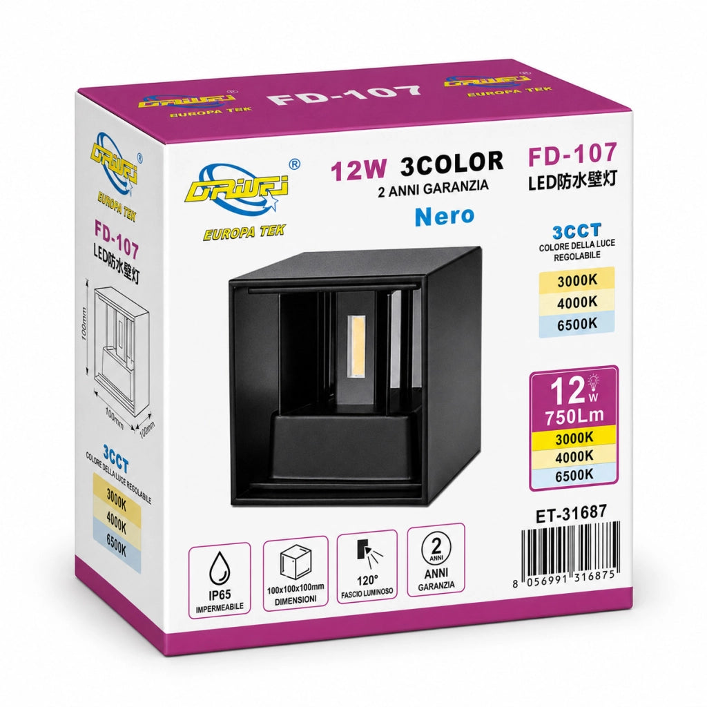 APPLIQUE LED 12W ESTERNO LAMPADA PARETE NERA IP65 3000K 4000K 6000K ET-31687