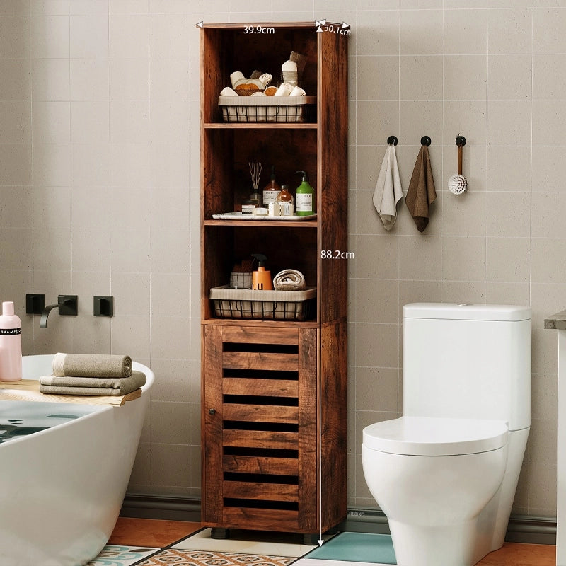 Mobiletto da bagno stretto, marrone scuro, stile rustico, altezza 88 cm