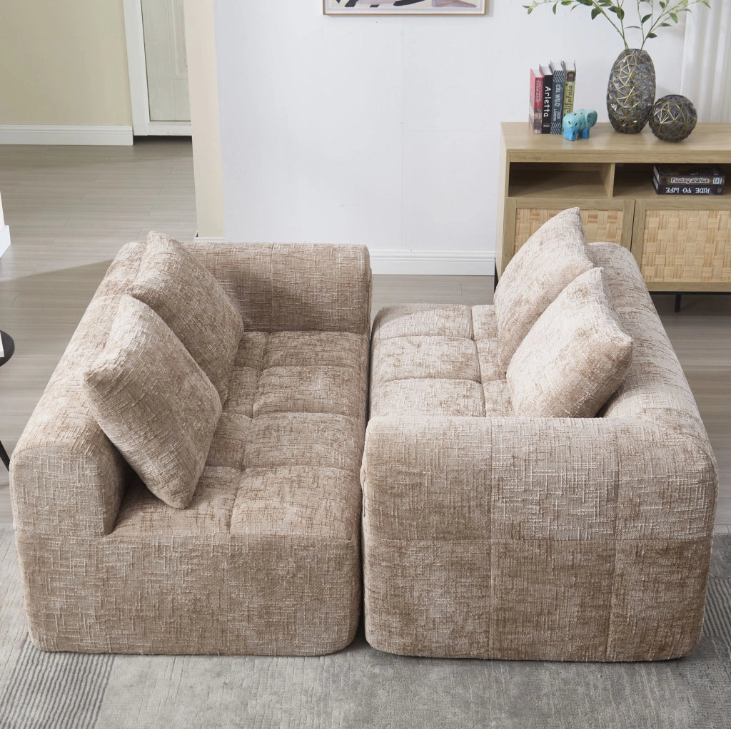 Divano 2 posti khaki con chaise longue, tessuto Chenille e cuscino, tasche laterali per telecomando e telefono