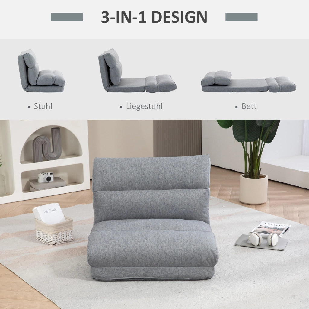 Sedia da Pavimento Pieghevole con Schienale Regolabile a 6 Posizioni, Imbottitura Spessa, Funzione Letto, Rivestimento in Tessuto Grigio 70x41x56 cm