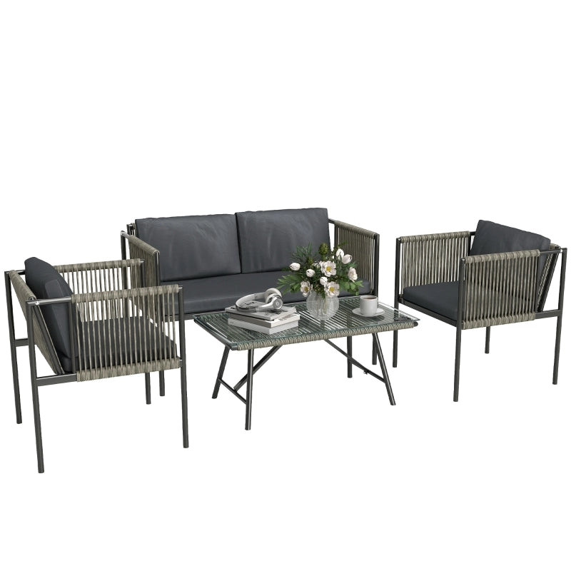 Set da giardino 4 pezzi con divano, 2 poltrone e tavolino in rattan sintetico grigio