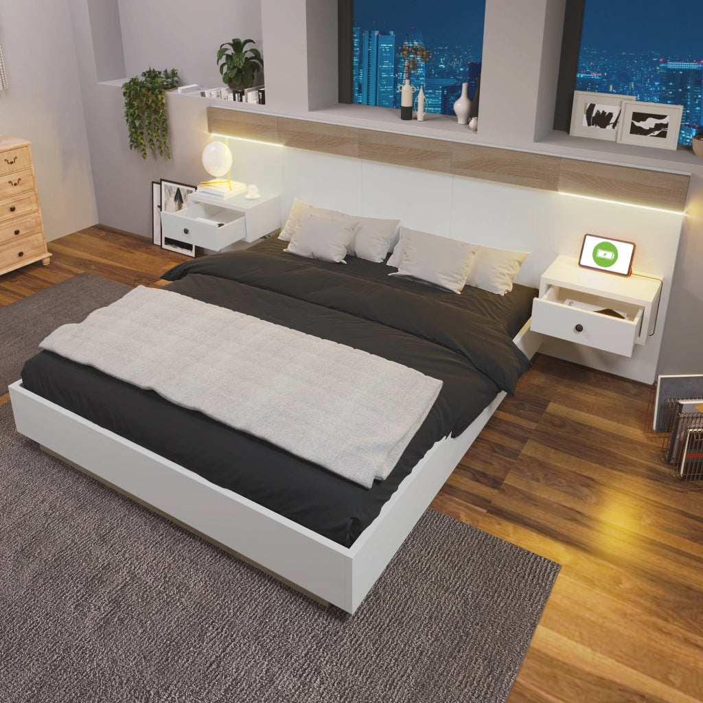 Set letto completo; 180x200cm; con 2 comodini LED e USB C; bianco quercia