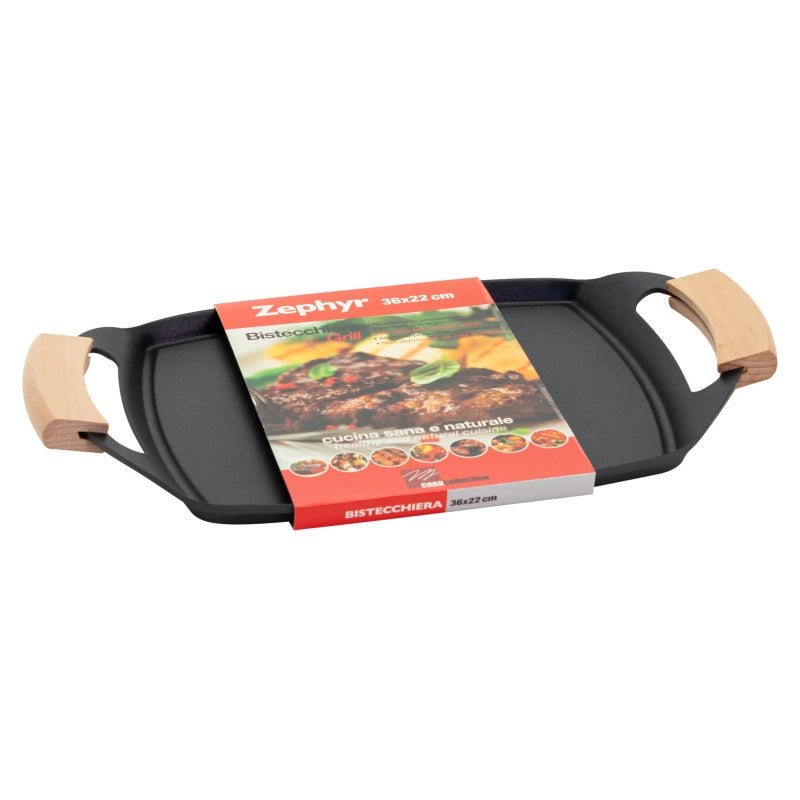 Set di 6 Bistecchiere Ovale 36x22 Cm Alluminio Pressofuso Manici Inserto Legno