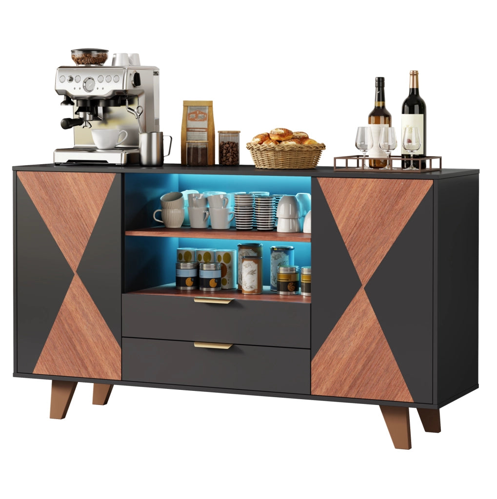 Credenza da cucina 150x40x90 cm con LED RGB; 2 cassetti e ripiani regolabili in MDF; naturale e nero