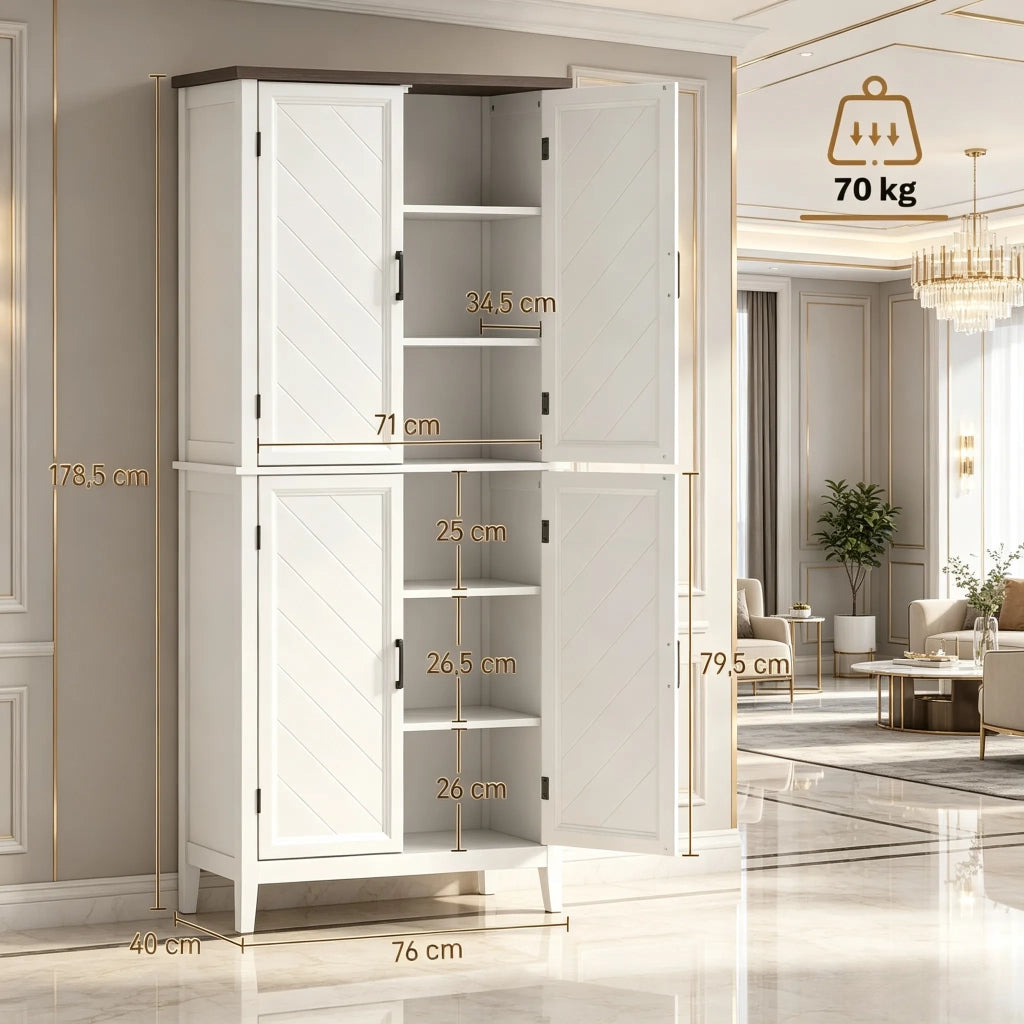 Credenza da cucina alta a 6 ripiani, con 4 ante in vetro e 4 mensole regolabili