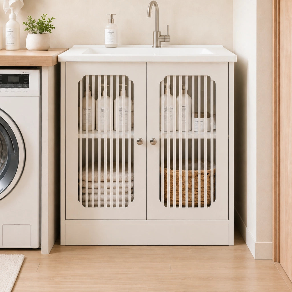 Mobile per lavabo singolo con doppia anta a lamelle; ripiano regolabile e struttura a terra bianca