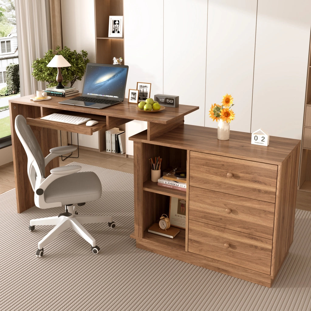 Scrivania dritta con piano estraibile; ripiano per tastiera e 3 cassetti in MDF color noce 110 × 40 × 75.5 cm