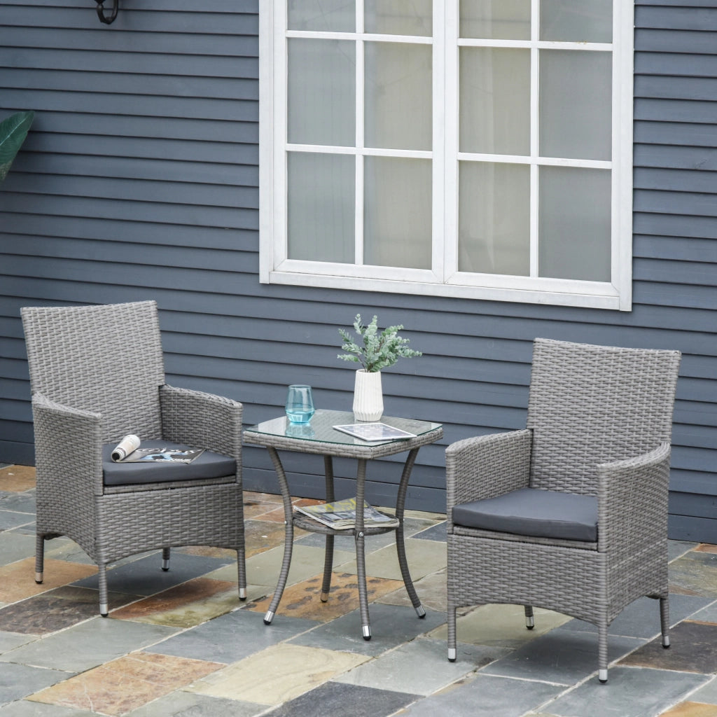 Set bistro da balcone 3 pezzi in rattan grigio con tavolino e cuscini; 60x58;5x89;5 cm
