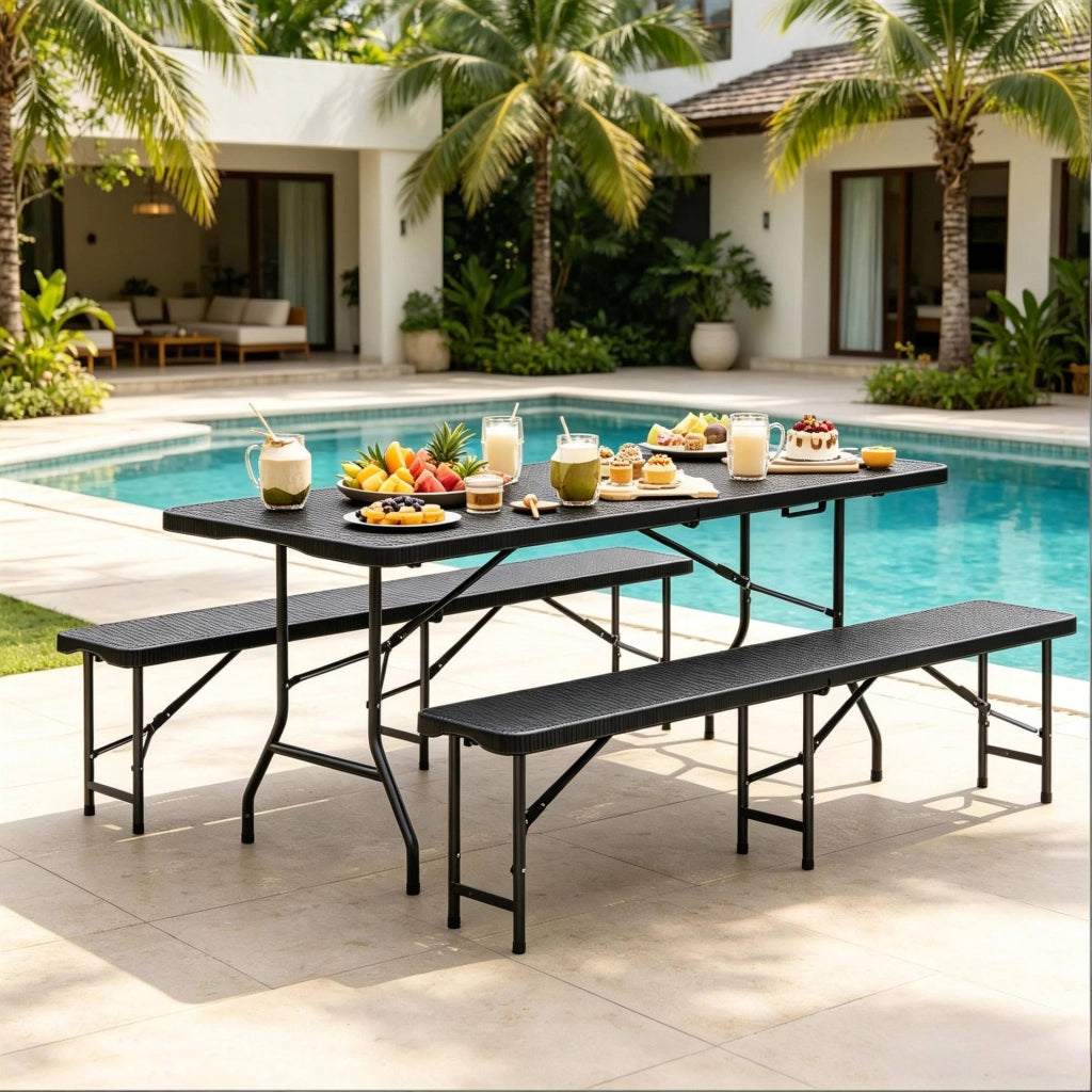 Set Mobili da Giardino Pieghevole 8-10 Persone con Tavolo 180x74x70 cm e 2 Panche, Nero, in HDPE e Metallo