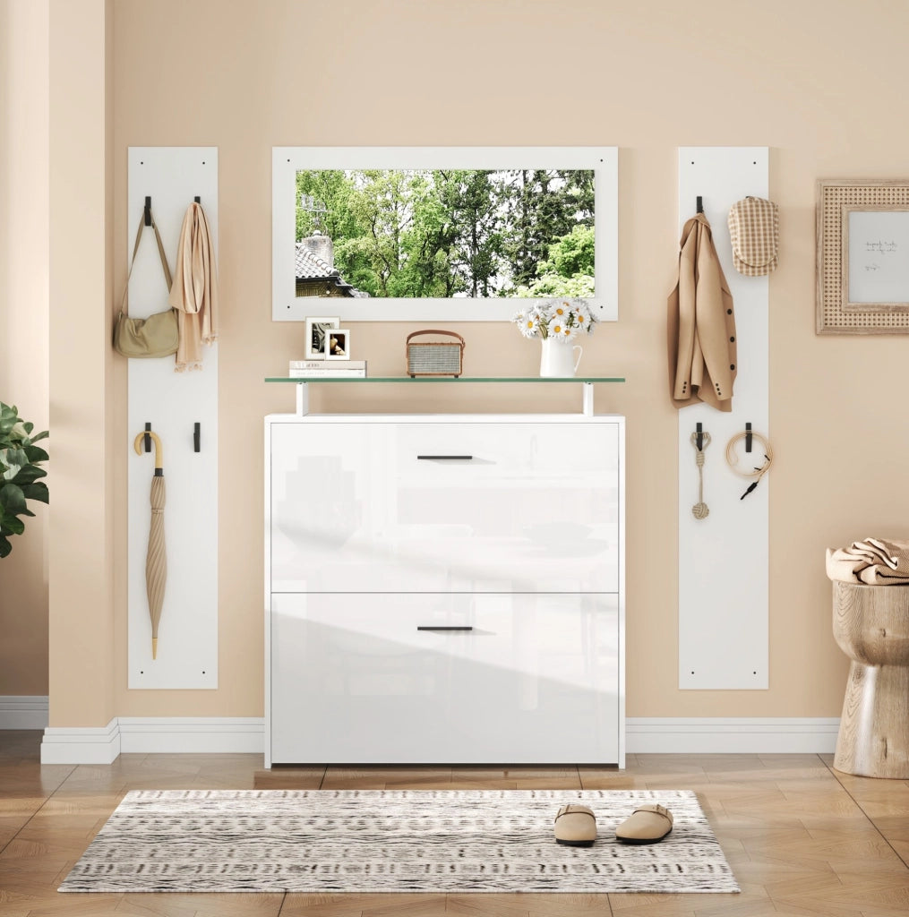 Set guardaroba da ingresso in bianco con specchio e scarpiera