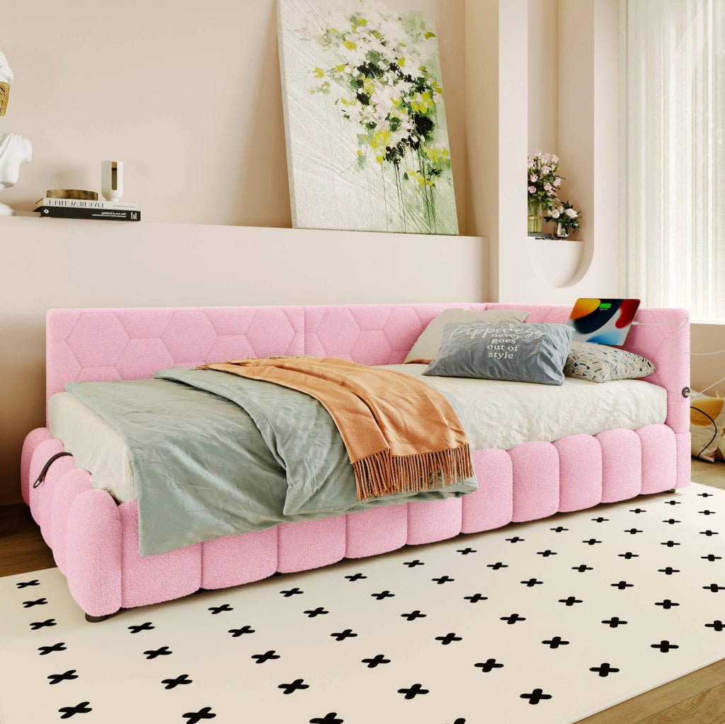 LETTO 90x200 cm Rosa in Vliesimitat e MDF con luce LED, USB e Type-C