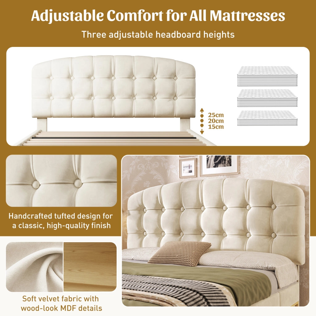 Letto matrimoniale imbottito 140 × 200 cm con rete a doghe testiera regolabile cassetti e vani contenitore beige