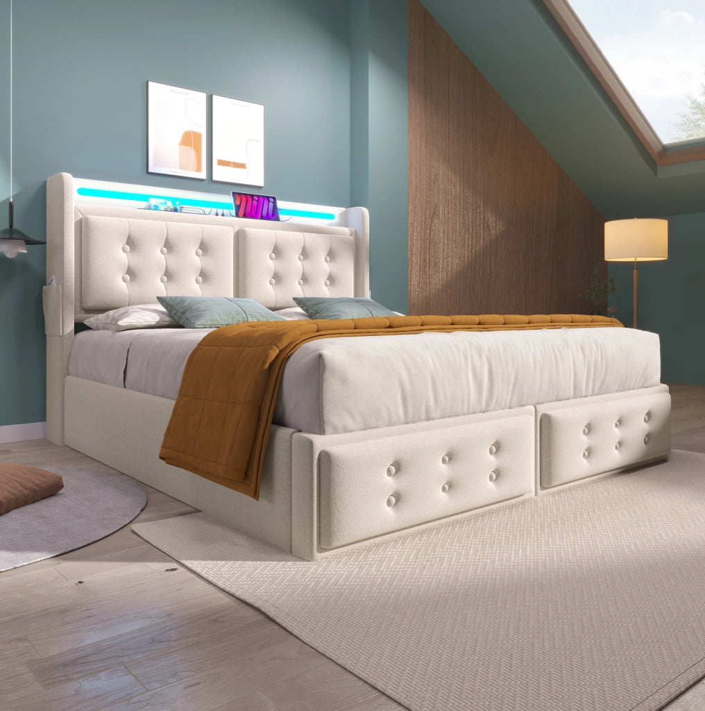 Letto matrimoniale 180x200 cm con contenitore; LED e ricarica USB/Type-C beige HOMVRA