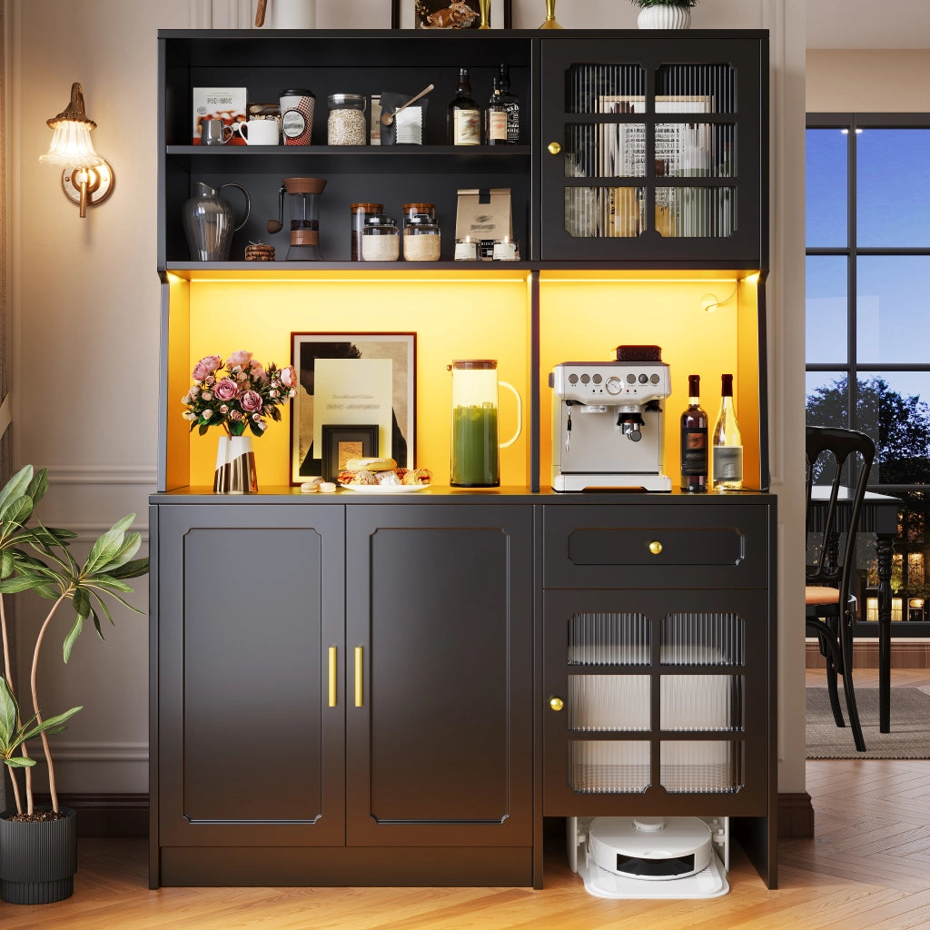 Mobile colonna da cucina con vani aperti; ante in vetro e LED controllabile tramite app nero 130 × 45 × 180 cm