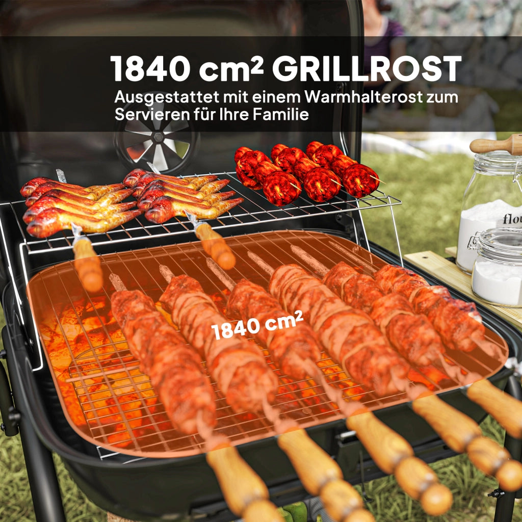 Barbecue a Carbone con Coperchio e Ruote ¨C Xylo ¨C Acciaio Nero 98x54x91 cm