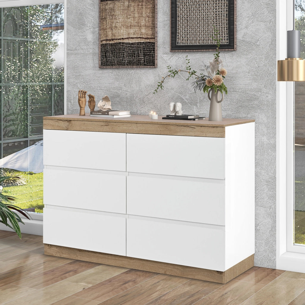 Cassettiera con 6 cassetti e vano chiuso, per camera da letto e soggiorno, bianco e rovere, 110 × 40 × 67.5 cm