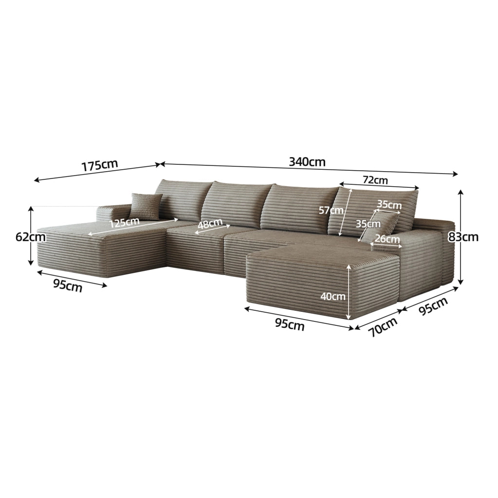 Divano 340x175x83 cm in tessuto a coste color cammello con schiuma elastica