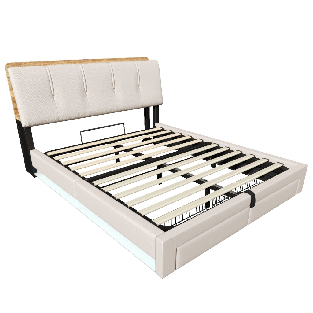 Letto contenitore 140x200 cm in lino beige con cassetti; testiera portaoggetti; LED e USB-C