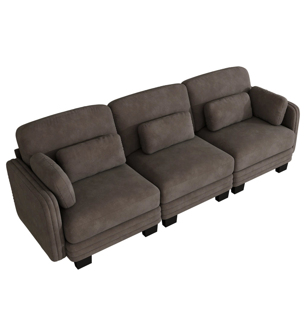Divano modulare lineare 3 posti 253x88x88 cm con cuscini in ciniglia marrone