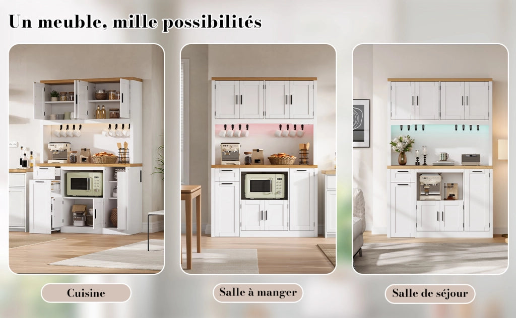 Mobile da cucina con cassetti su tre livelli e ripiani regolabili con LED e prese in MDF bianco e naturale