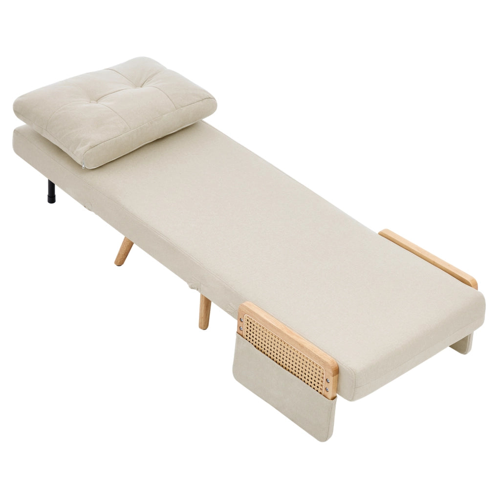 Poltrona letto 3 in 1 beige con schienale regolabile e braccioli intrecciati salvaspazio