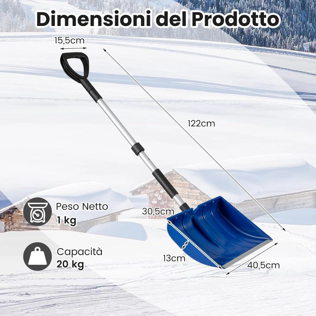 Pala da Neve Portatile, 122 cm Badile da Giardino Staccabile con Manico Ergonomico a D e Raschietto per Ghiaccio in Alluminio, per Vialetto e Auto (Blu + Argento)
