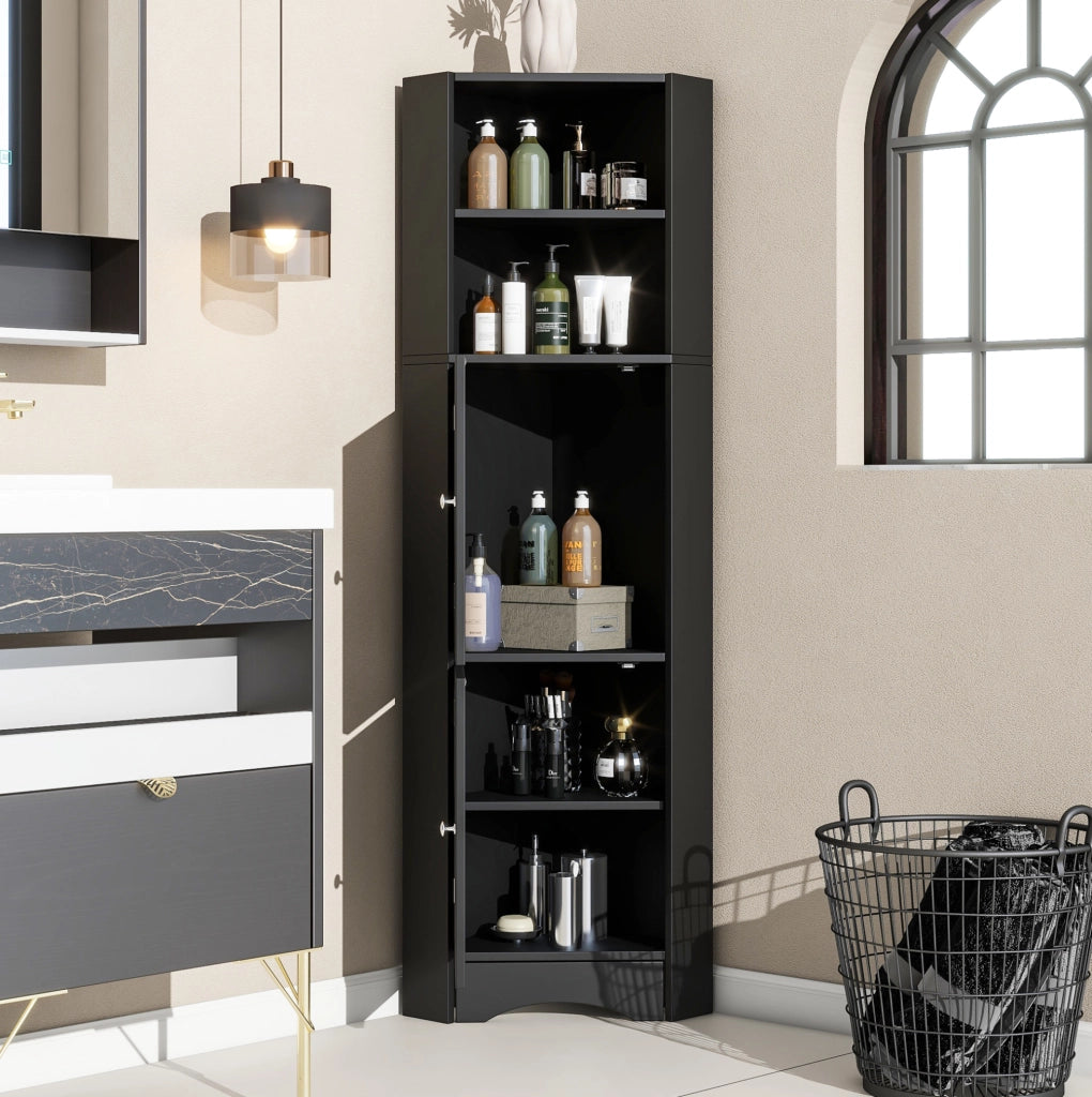 Mobile angolare da bagno nero in pannello truciolare con vani aperti
