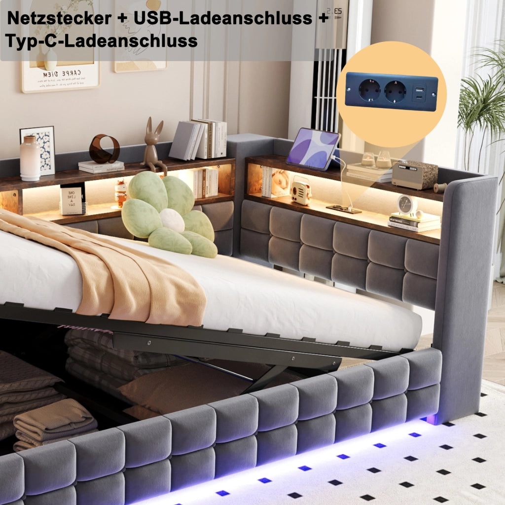 Divano letto imbottito 90x200 cm con vano idraulico; LED; prese USB e Type-C; mensole in legno; velluto grigio