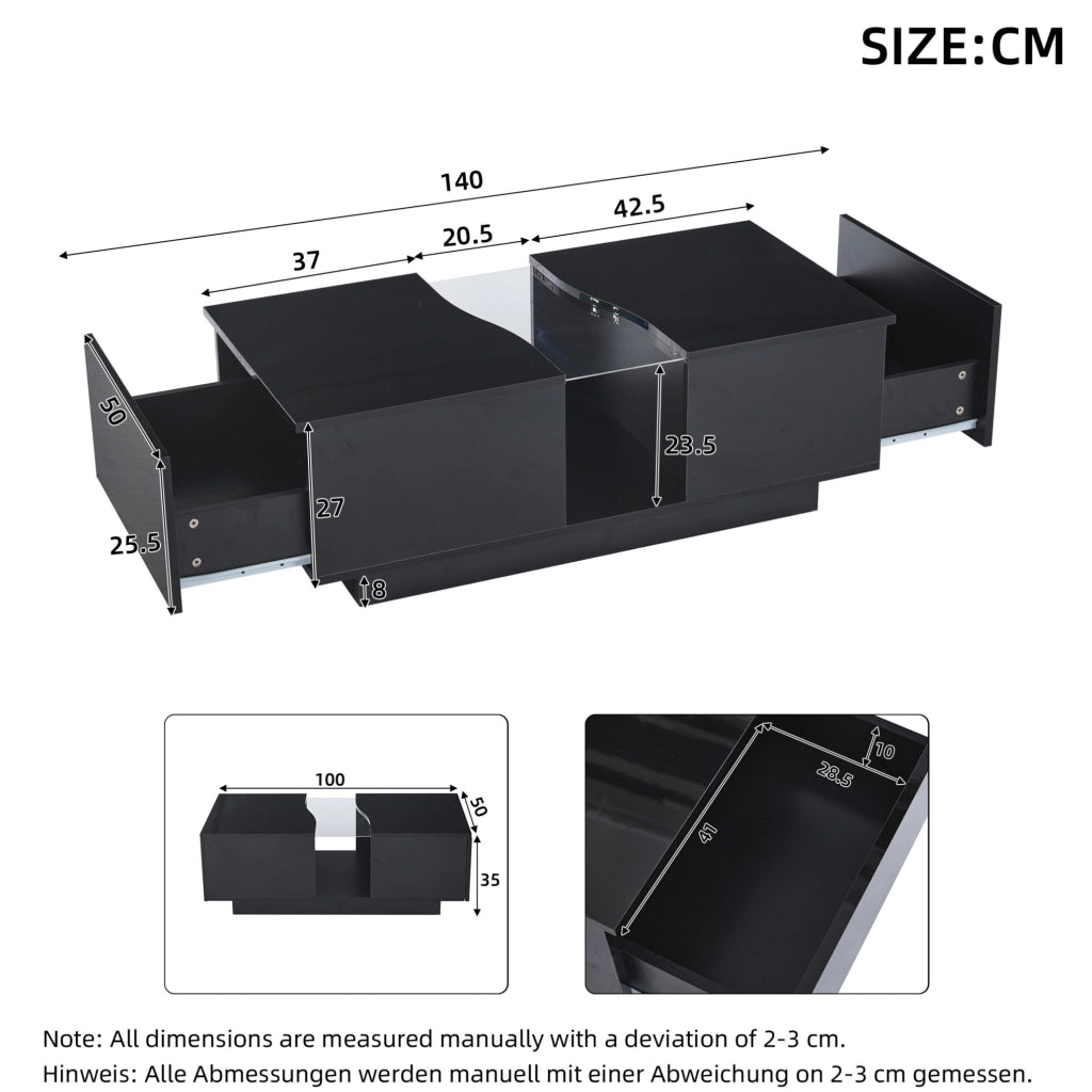 Tavolino da caff¨¨ LED 100x50x35 cm con 2 cassetti in MDF e acrilico nero