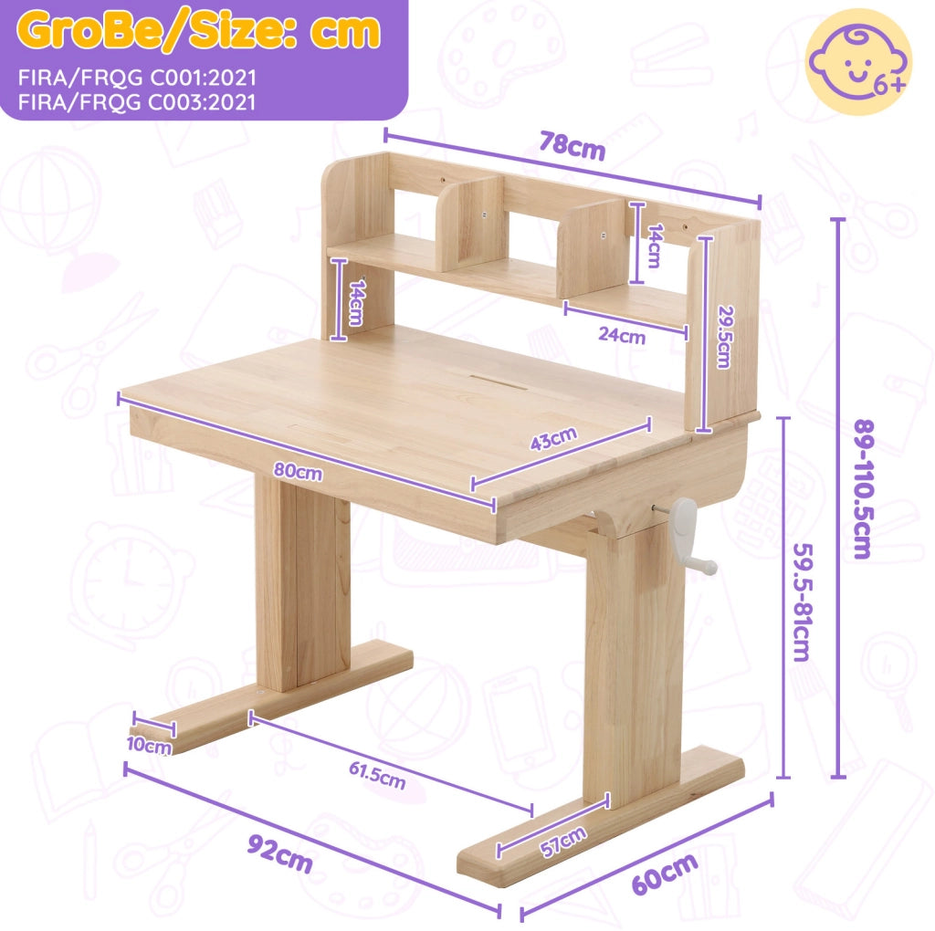 Scrivania per bambini in legno massello regolabile in altezza con piano inclinabile e vano portaoggetti, colore naturale, per bambini da 6 anni