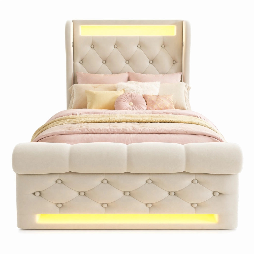 Letto imbottito con contenitore 90x200 cm in velluto beige, LED integrato e prese USB Type-C