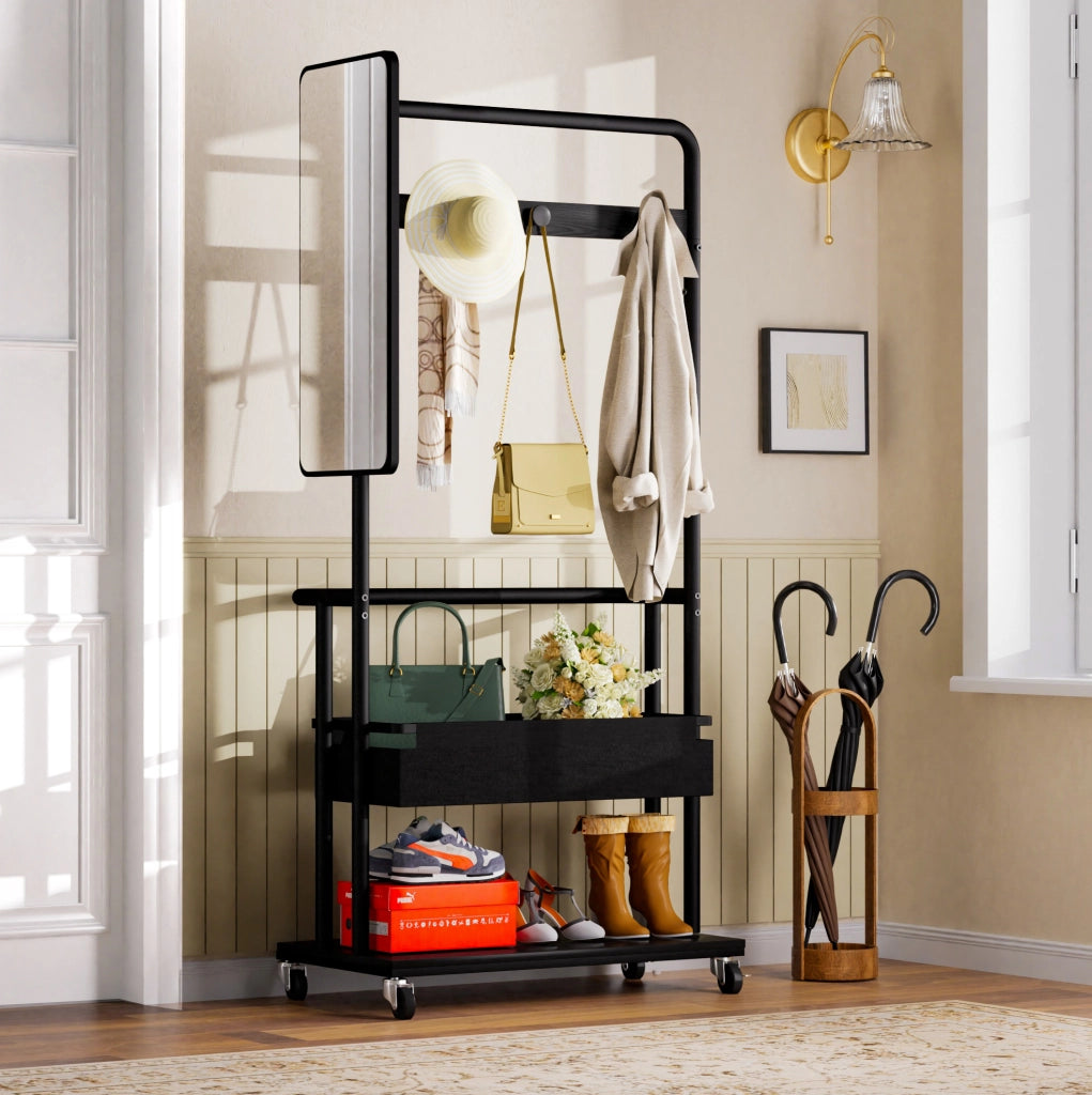 Appendiabiti mobile in metallo con specchio 70x40x170 cm, design 3-in-1 con cesto e ruote, colore nero