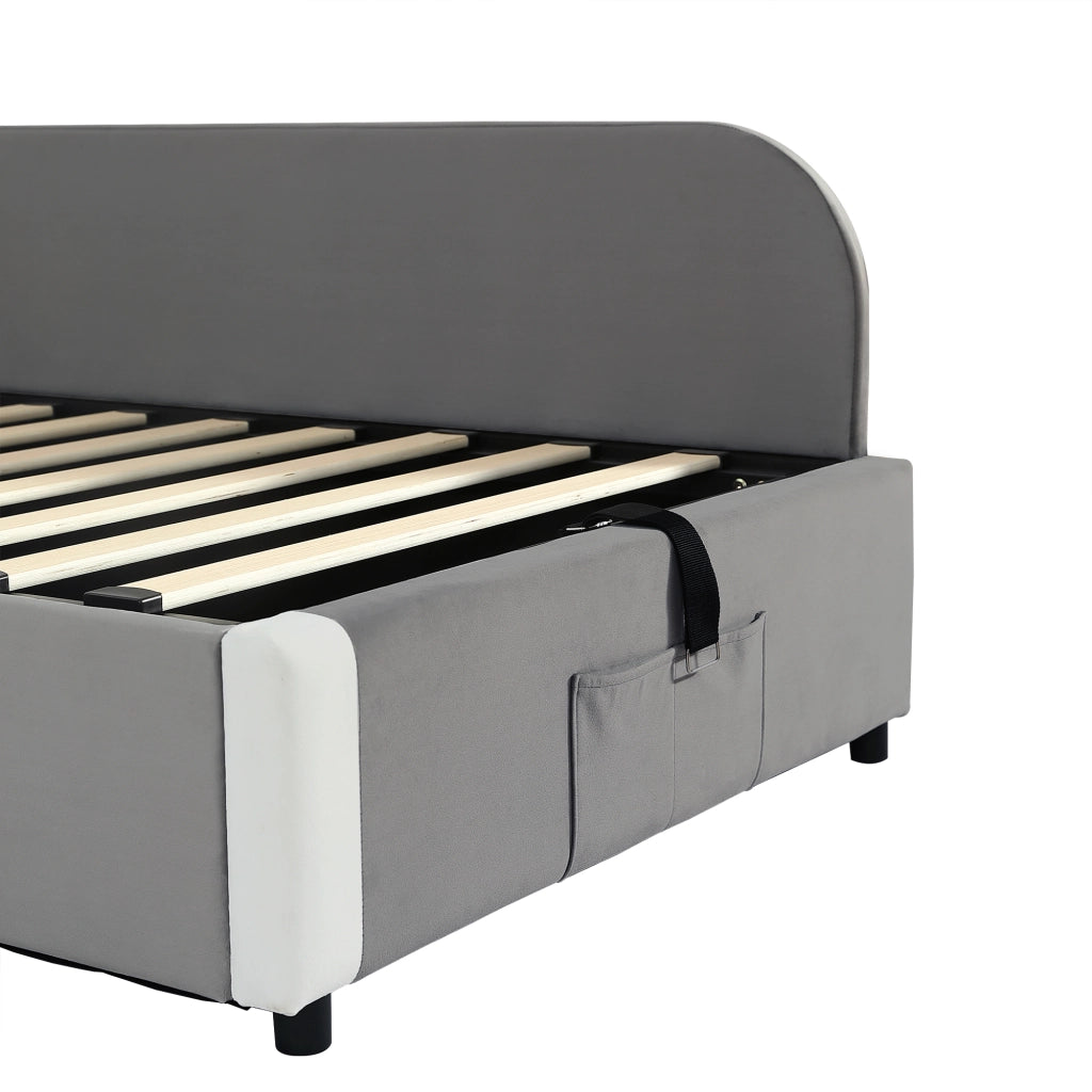 Letto contenitore 90 × 200 cm con sollevamento idraulico e barriera imbottita in velluto grigio