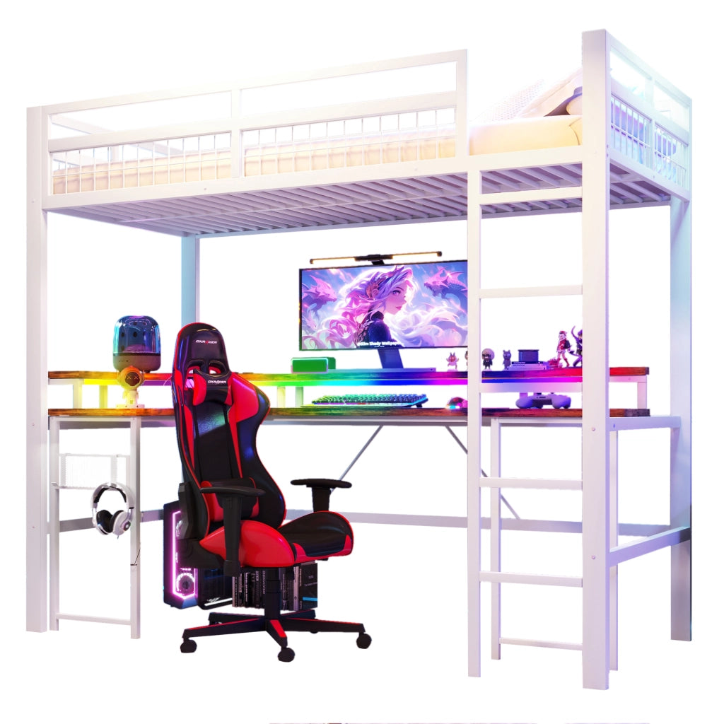 Hochbett 90x200 cm in metallo e MDF, con scrivania, LED RGB, porte USB e prese, bianco