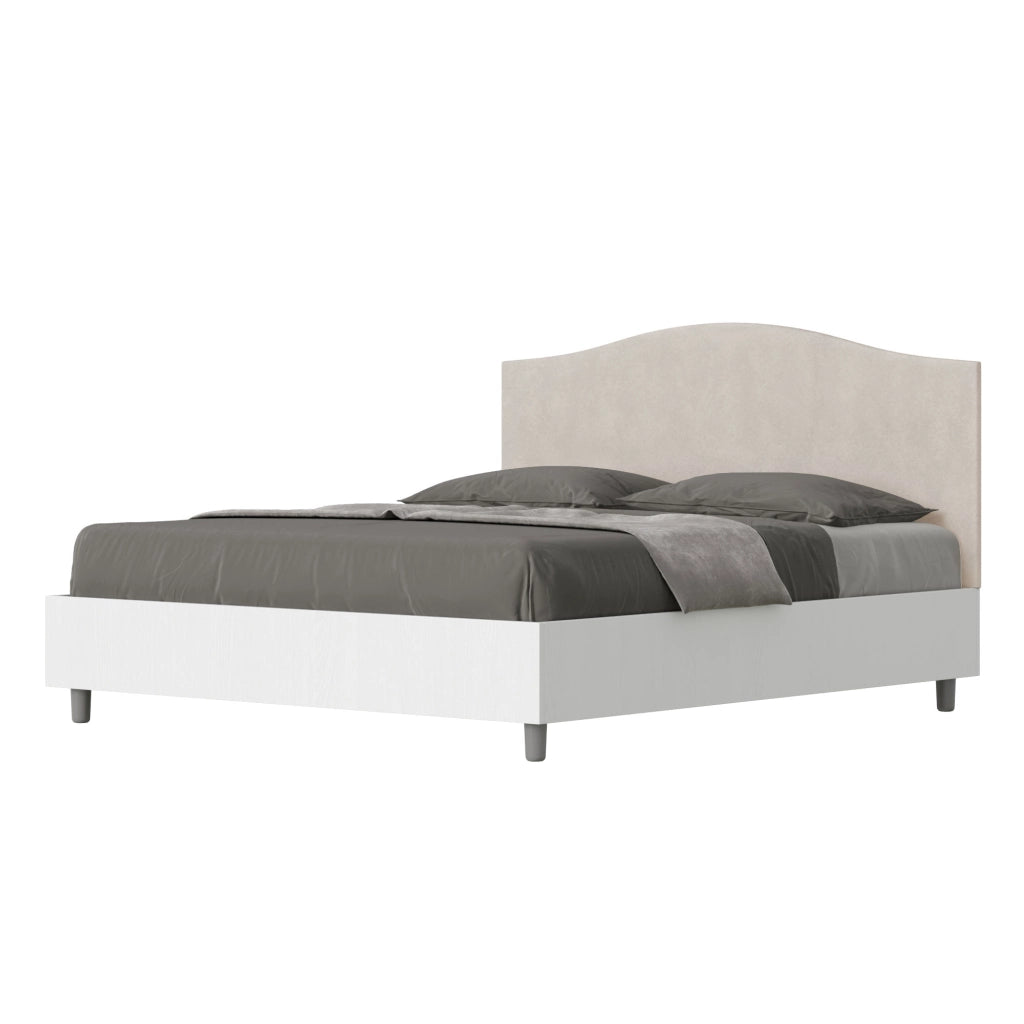 BS COM Letto matrimoniale con rete 160x190 bianco frassino testata microfibra sabbia