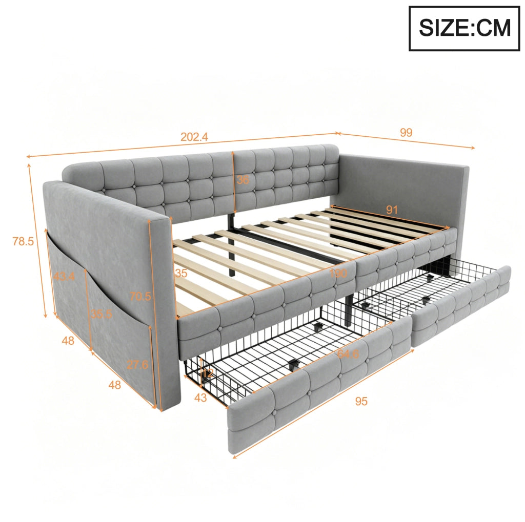 Letto imbottito 90x190 cm in velluto grigio chiaro con cassetti